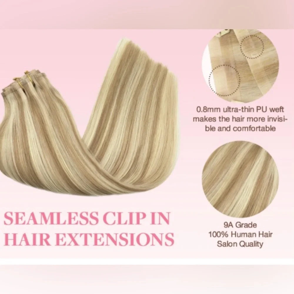 Seamless Clip-In Remy Extensions 100% Human Hair 130g 9Pc Full Head P18A/613 14”